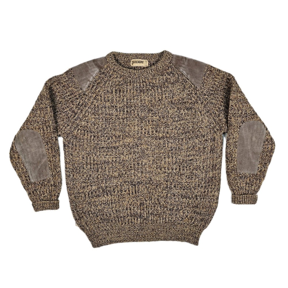 Vtg Brenire Sweater XL Scotland Shooting Marled Knit Leather Patches Military